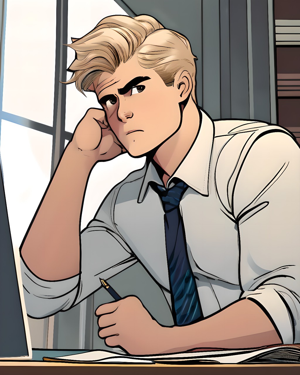 Cartoon man with blond hair wearing dress shirt and tie, looking displeased about something